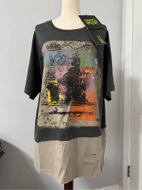 Flooo Streetwear Oversized Longline Graphic T-Shirt Distressed Hem NWT Size L